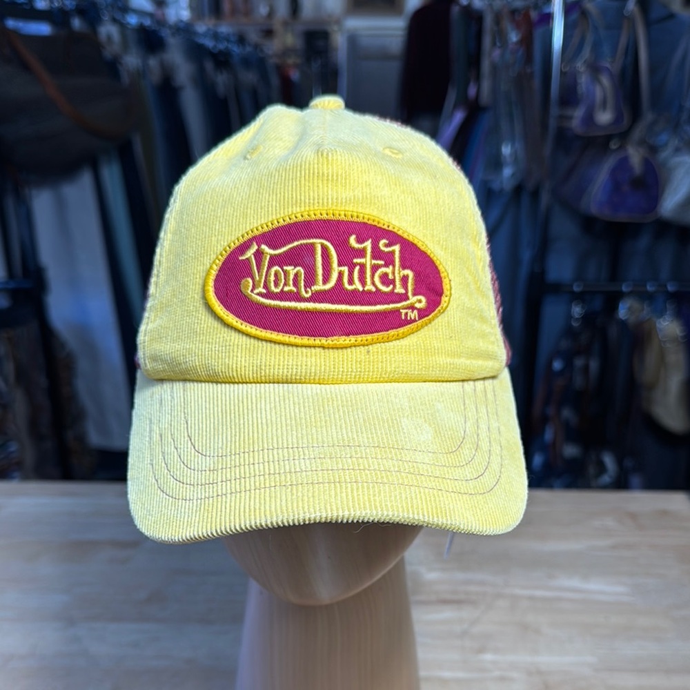 Von Dutch Bright Yellow Corduroy and Red Mesh SnapBack Hat